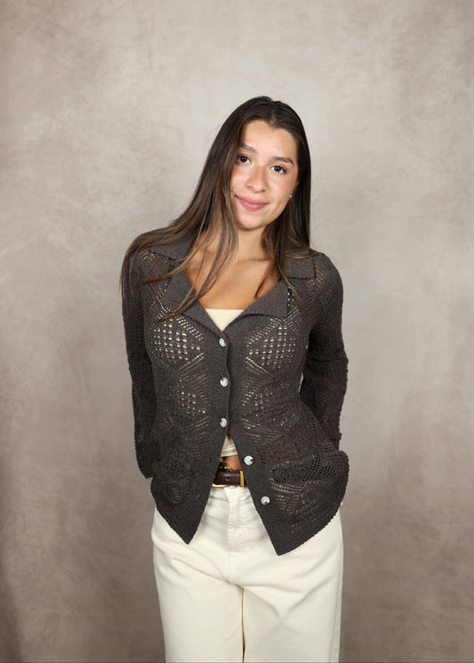 Chestnut Button-Up Knit Top