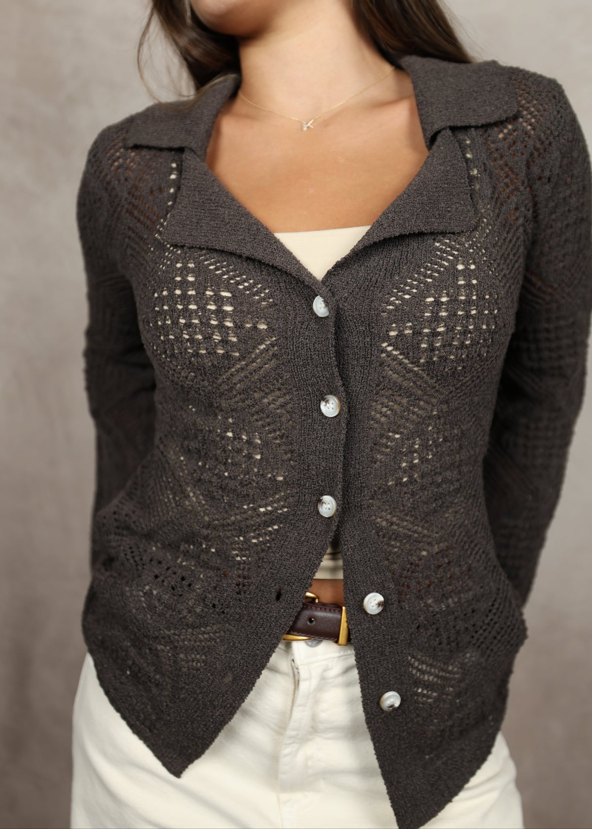 Chestnut Button-Up Knit Top