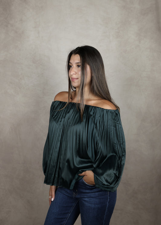 Pleated Satin Off-the-shoulder blouce