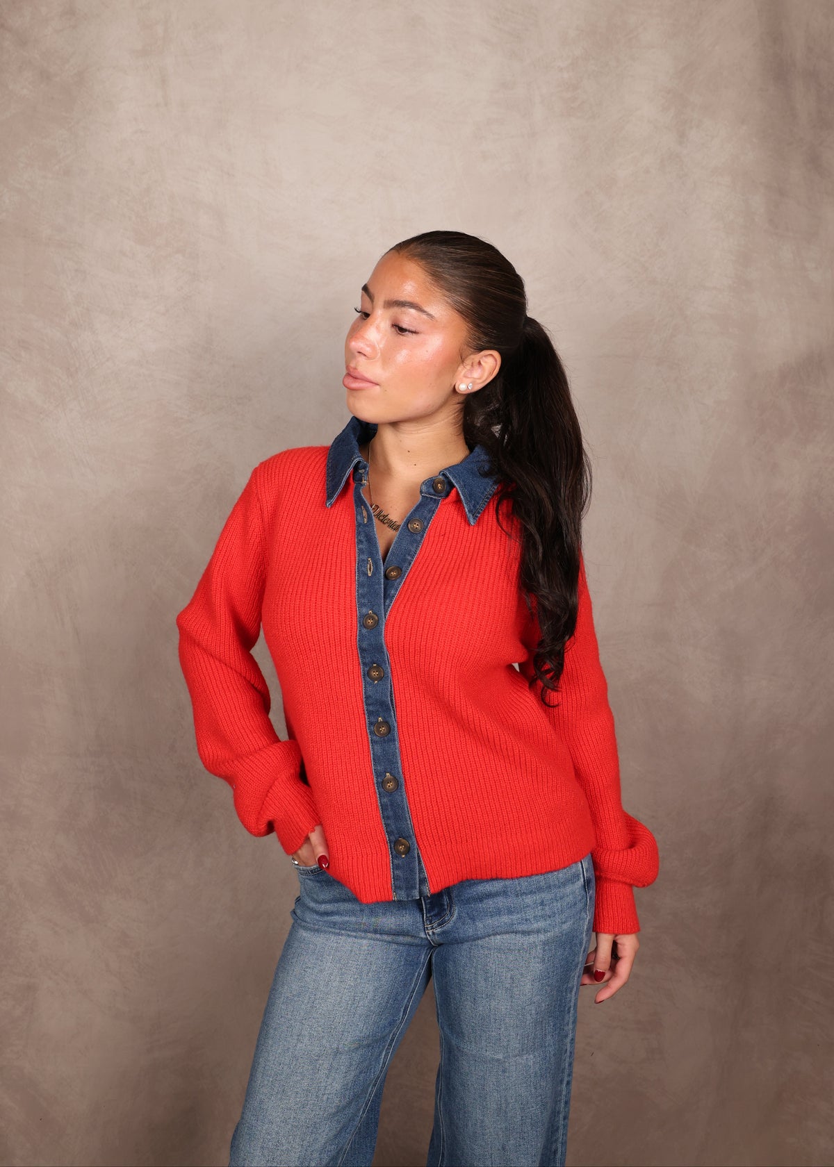 Denim Contrast Cardigan