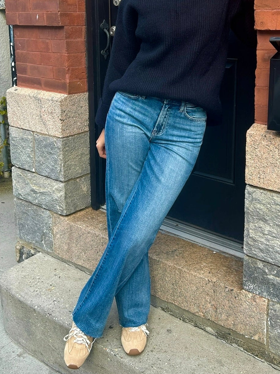 Flying Monkey High Rise Frayed Hem Slim Wide Jeans